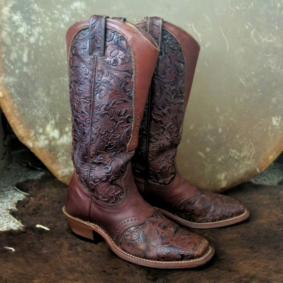 BOULET #2069 hand tooled brown leather square toe cowgirl western boots sz 7 EUC - Picture 7 of 16